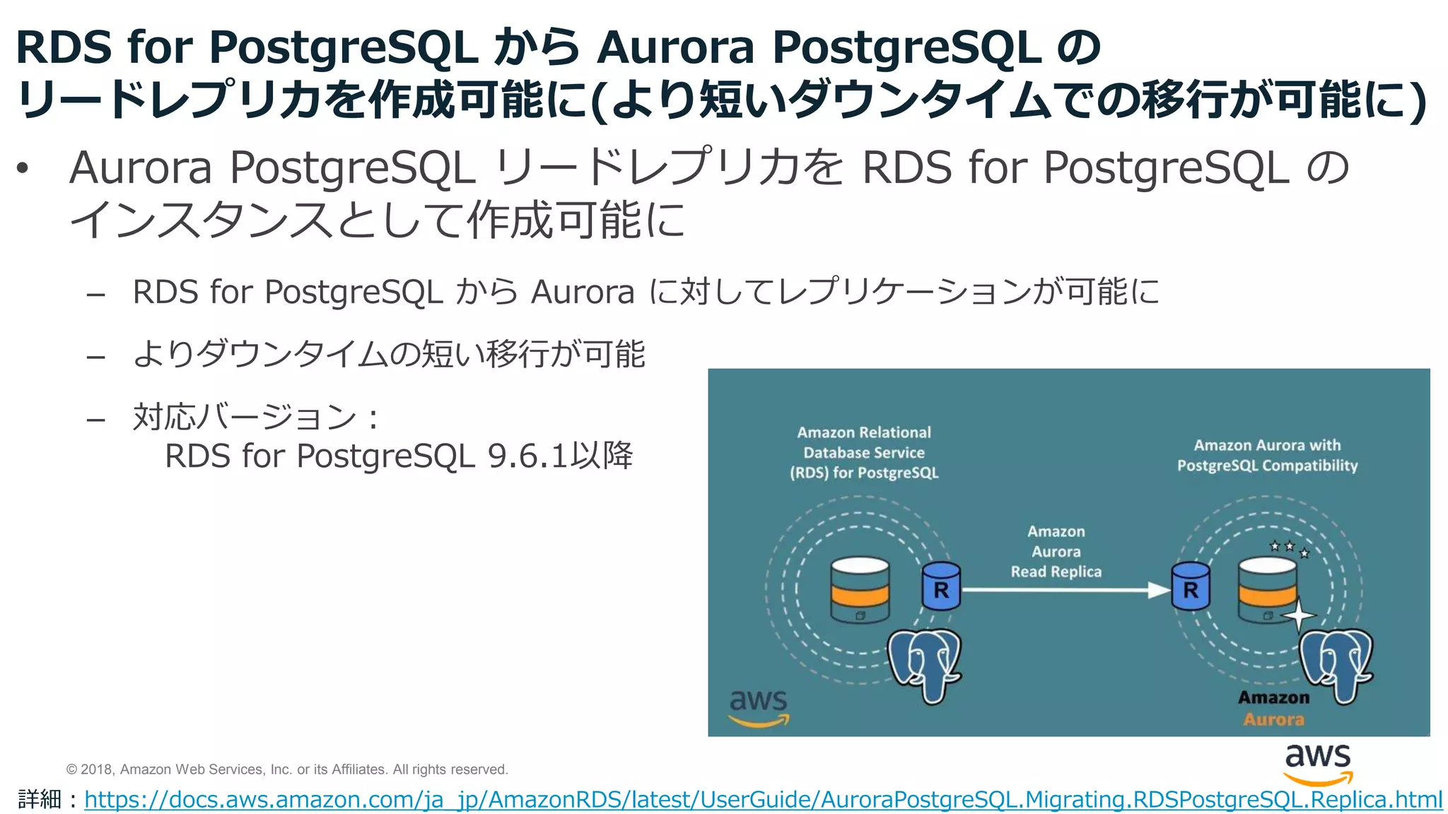 © 2018, Amazon Web Services, Inc. or its Affiliates. All rights reserved.
RDS for PostgreSQL から Aurora PostgreSQL の
リードレプリカを作成可能に(より短いダウンタイムでの移行が可能に)
• Aurora PostgreSQL リードレプリカを RDS for PostgreSQL の
インスタンスとして作成可能に
– RDS for PostgreSQL から Aurora に対してレプリケーションが可能に
– よりダウンタイムの短い移行が可能
– 対応バージョン：
RDS for PostgreSQL 9.6.1以降
詳細：https://docs.aws.amazon.com/ja_jp/AmazonRDS/latest/UserGuide/AuroraPostgreSQL.Migrating.RDSPostgreSQL.Replica.html
 