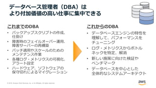 © 2018, Amazon Web Services, Inc. or its Affiliates. All rights reserved.
データベース管理者（DBA）は
より付加価値の高い仕事に集中できる
これまでのDBA
• バックアップスクリプトの作成、
仕掛け
• 障害時のフェイルオーバー運用、
障害サーバーの再構築
• パッチ適用やスケールのための
メンテナンス作業
• 各種ログ・メトリクスの可視化、
アラート設定
• ハードウェア、ソフトウェアの
保守切れによるマイグレーション
これからのDBA
• データベースエンジンの特性を
理解して、パフォーマンスを
チューニング
• ログ・メトリクスからボトル
ネックを特定、解消
• 新しい施策に向けた検証や
ベンチマーク
• データベースを中心とした
全体的なシステムアーキテクト
 