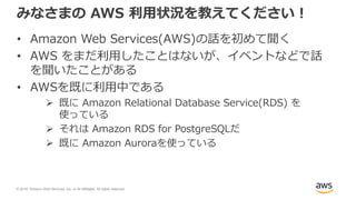 © 2018, Amazon Web Services, Inc. or its Affiliates. All rights reserved.
みなさまの AWS 利用状況を教えてください！
• Amazon Web Services(AWS)の話を初めて聞く
• AWS をまだ利用したことはないが、イベントなどで話
を聞いたことがある
• AWSを既に利用中である
 既に Amazon Relational Database Service(RDS) を
使っている
 それは Amazon RDS for PostgreSQLだ
 既に Amazon Auroraを使っている
 
