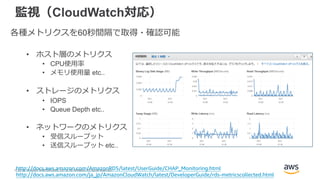 © 2018, Amazon Web Services, Inc. or its Affiliates. All rights reserved.
監視（CloudWatch対応）
各種メトリクスを60秒間隔で取得・確認可能
• ホスト層のメトリクス
• CPU使用率
• メモリ使用量 etc..
• ストレージのメトリクス
• IOPS
• Queue Depth etc..
• ネットワークのメトリクス
• 受信スループット
• 送信スループット etc..
http://docs.aws.amazon.com/AmazonRDS/latest/UserGuide/CHAP_Monitoring.html
http://docs.aws.amazon.com/ja_jp/AmazonCloudWatch/latest/DeveloperGuide/rds-metricscollected.html
 