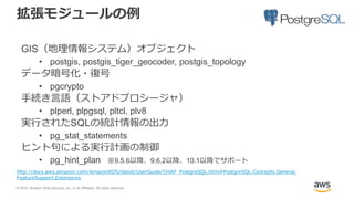 © 2018, Amazon Web Services, Inc. or its Affiliates. All rights reserved.
拡張モジュールの例
GIS（地理情報システム）オブジェクト
• postgis, postgis_tiger_geocoder, postgis_topology
データ暗号化・復号
• pgcrypto
手続き言語（ストアドプロシージャ）
• plperl, plpgsql, pltcl, plv8
実行されたSQLの統計情報の出力
• pg_stat_statements
ヒント句による実行計画の制御
• pg_hint_plan ※9.5.6以降、9.6.2以降、10.1以降でサポート
http://docs.aws.amazon.com/AmazonRDS/latest/UserGuide/CHAP_PostgreSQL.html#PostgreSQL.Concepts.General.
FeatureSupport.Extensions
 