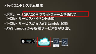 •ボタン → SORACOM プラットフォームを通じて
1-Click サービスへイベント通知
•1-Click サービスから AWS Lambda 起動
•AWS Lambda から各種サービスを呼び出し
バックエンドシステム構成
 