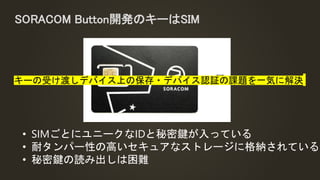 SORACOM Button開発のキーはSIM
• SIMごとにユニークなIDと秘密鍵が入っている
• 耐タンパー性の高いセキュアなストレージに格納されている
• 秘密鍵の読み出しは困難
キーの受け渡しデバイス上の保存・デバイス認証の課題を一気に解決
 