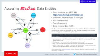 Copyright © 2018, Oracle and/or its affiliates. All rights reserved. |
Accessing Data Entities
• Data retrieval via REST API
https://www.meetup.com/meetup_api
• Different API methods & versions
• API Key required
• Sample request
• Data returned as JSON
@kpatenge @datanativesconf #DN18
 