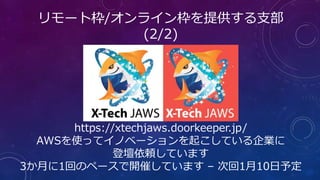 リモート枠/オンライン枠を提供する支部
(2/2)
https://xtechjaws.doorkeeper.jp/
AWSを使ってイノベーションを起こしている企業に
登壇依頼しています
3か月に1回のペースで開催しています – 次回1月10日予定
 