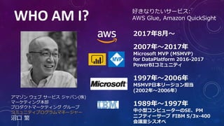 WHO AM I?
アマゾン ウェブ サービス ジャパン(株)
マーケティング本部
プロダクトマーケティング グループ
コミュニティプログラムマネージャー
沼口 繁
2017年8月～
2007年～2017年
Microsoft MVP (MSMVP)
for DataPlatform 2016-2017
PowerBIコミュニティ
1997年～2006年
MSMVP日本リージョン担当
(2002年～2006年）
1989年～1997年
中小型コンピューターのSE、PM
ニフティーサーブ FIBM S/3x-400
会議室シスオペ
好きなりたいサービス:
AWS Glue, Amazon QuickSight
 