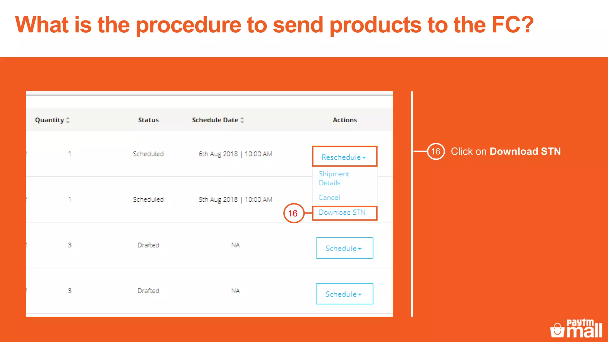 Click on Download STN16
16
What is the procedure to send products to the FC?
 