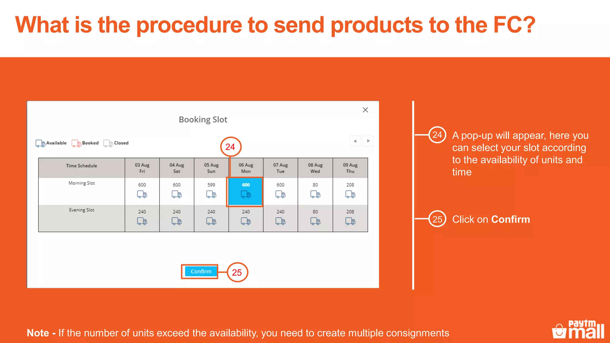 A pop-up will appear, here you
can select your slot according
to the availability of units and
time
24
Note - If the number of units exceed the availability, you need to create multiple consignments
Click on Confirm25
25
24
What is the procedure to send products to the FC?
 