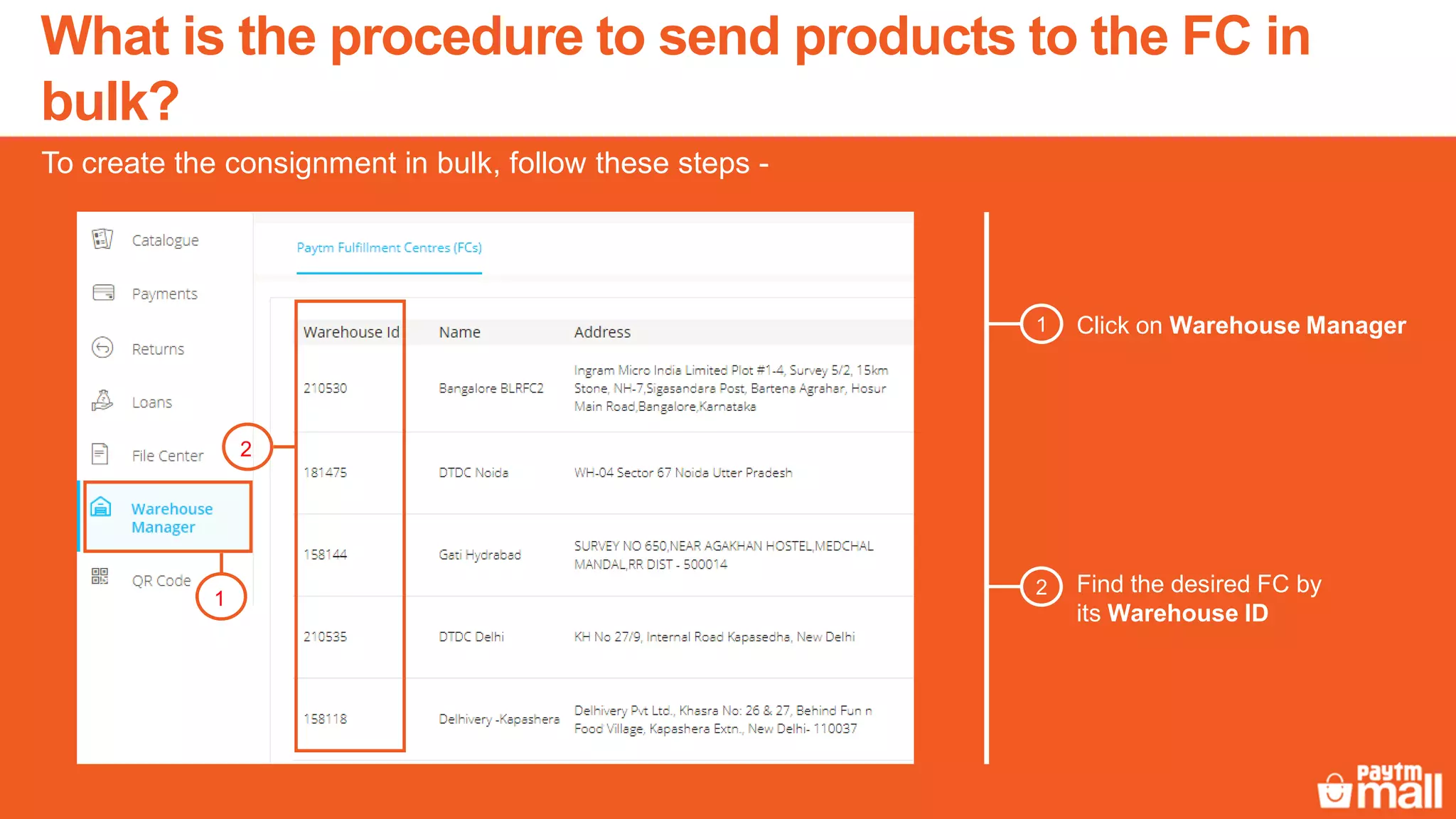 Click on Warehouse Manager
Find the desired FC by
its Warehouse ID
1
2
2
1
To create the consignment in bulk, follow these steps -
What is the procedure to send products to the FC in
bulk?
 