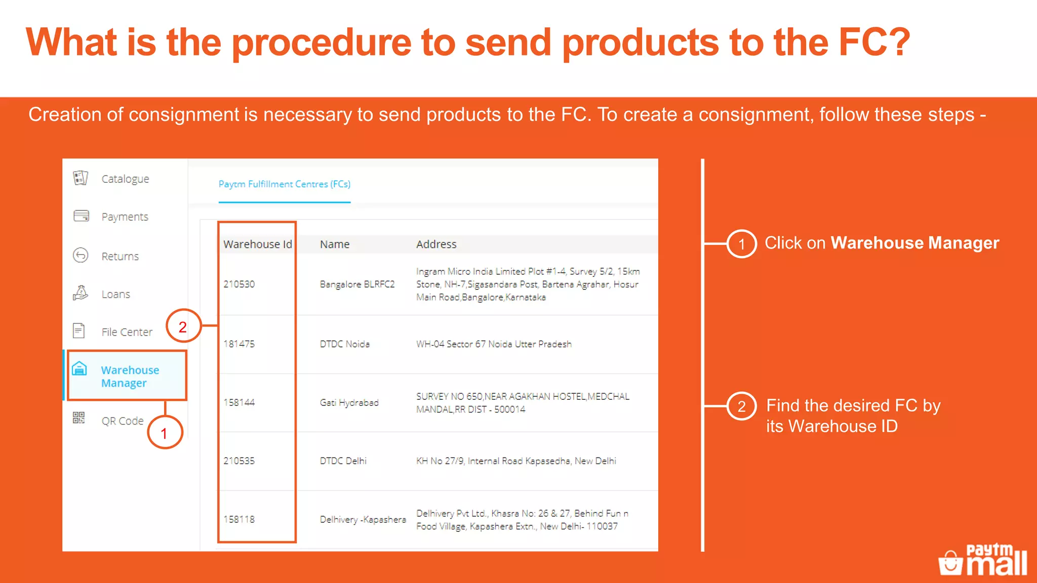 Click on Warehouse Manager
Find the desired FC by
its Warehouse ID
Creation of consignment is necessary to send products to the FC. To create a consignment, follow these steps -
1
2
2
1
What is the procedure to send products to the FC?
 