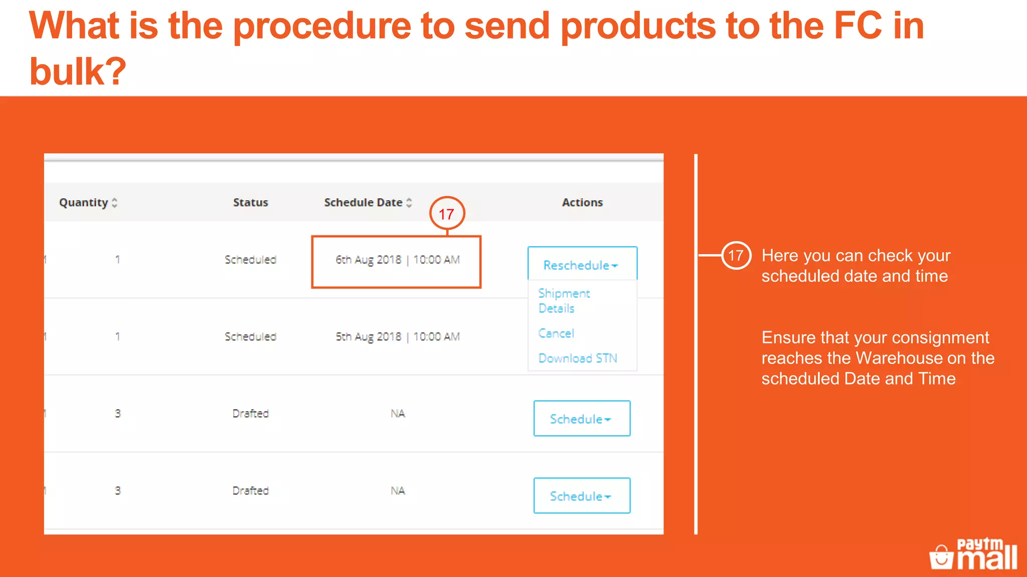 Here you can check your
scheduled date and time
Ensure that your consignment
reaches the Warehouse on the
scheduled Date and Time
17
17
What is the procedure to send products to the FC in
bulk?
 
