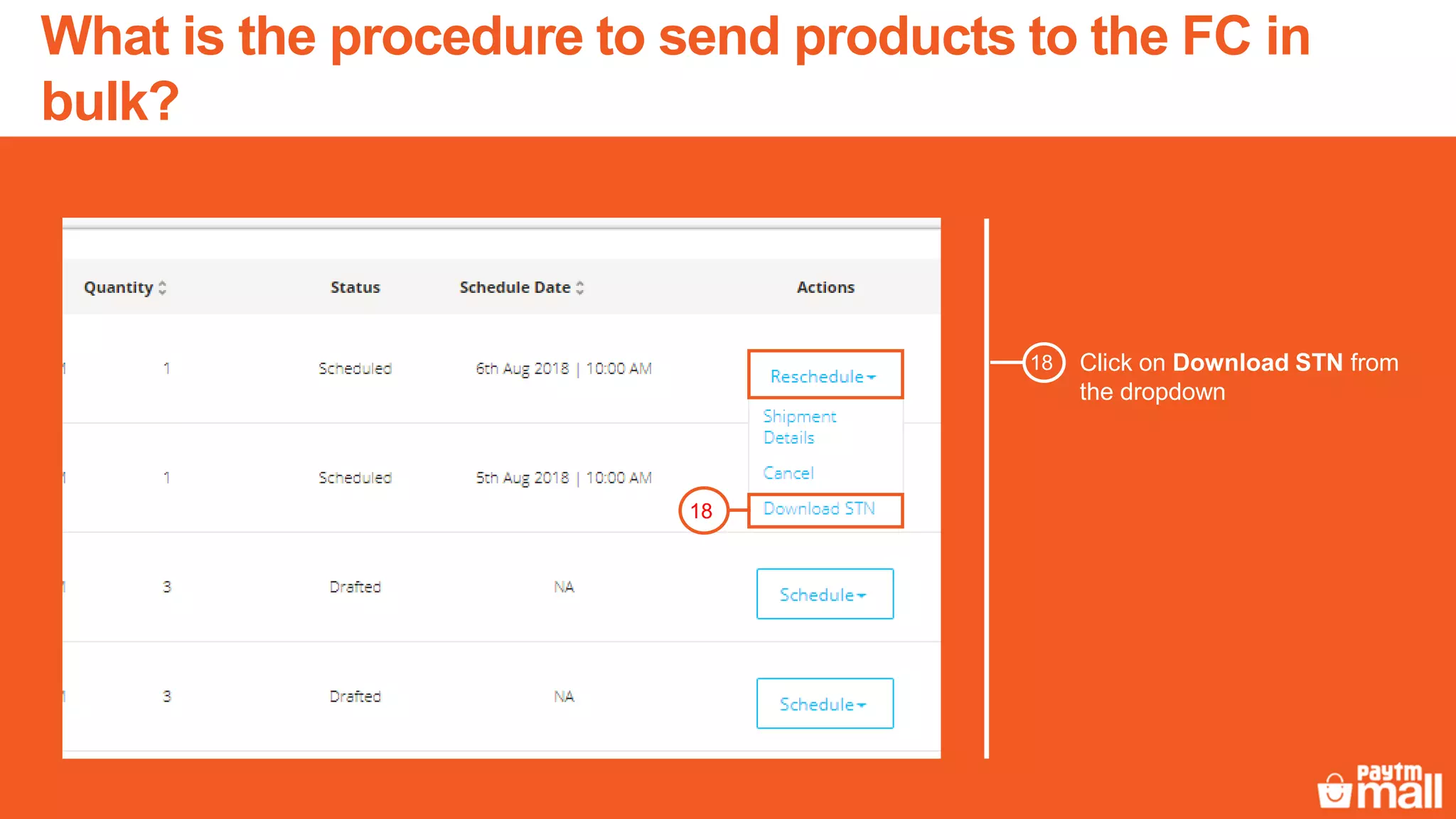 Click on Download STN from
the dropdown
18
18
What is the procedure to send products to the FC in
bulk?
 