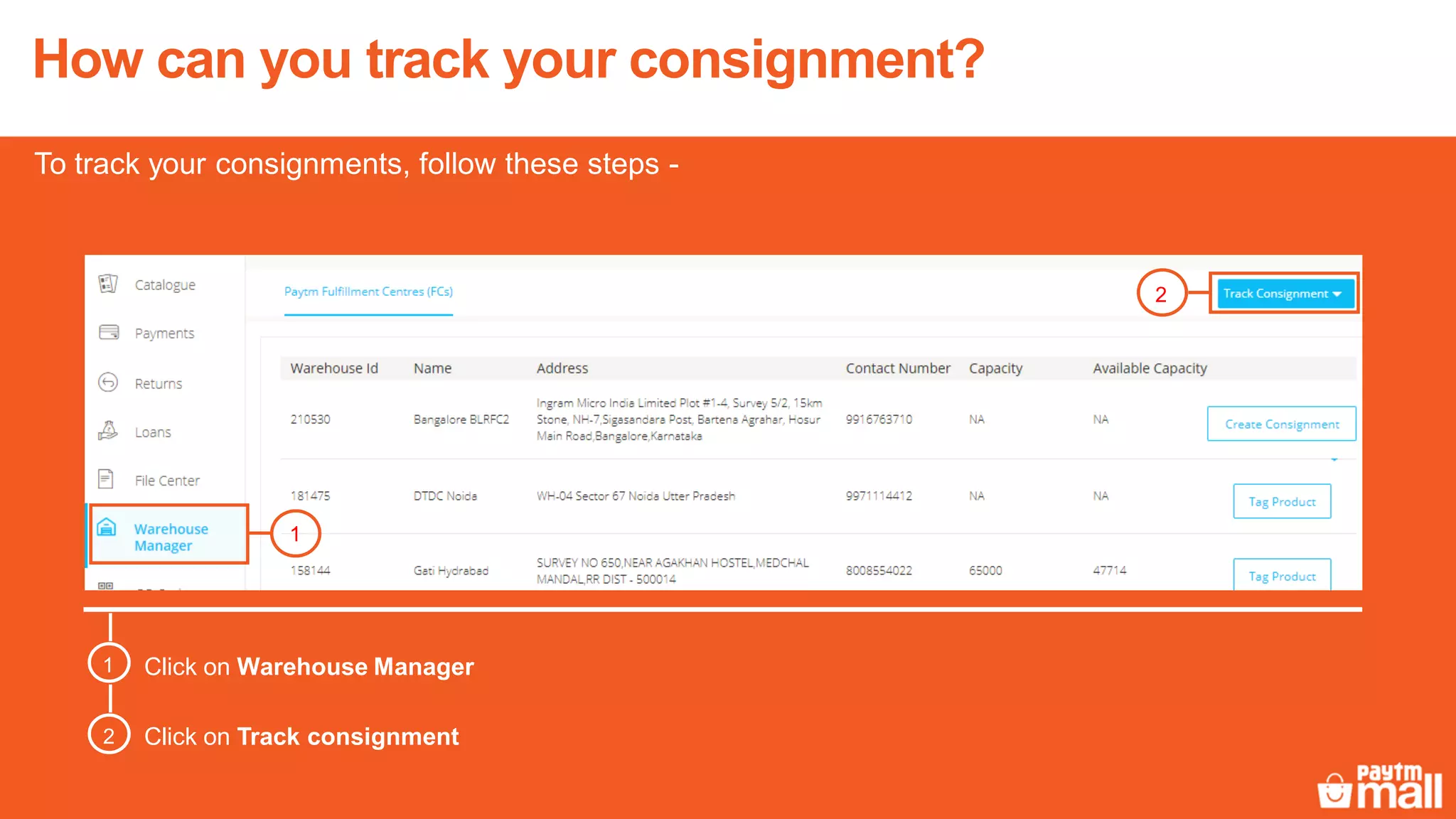 Click on Warehouse Manager
2
1
Click on Track consignment
1
2
How can you track your consignment?
To track your consignments, follow these steps -
 