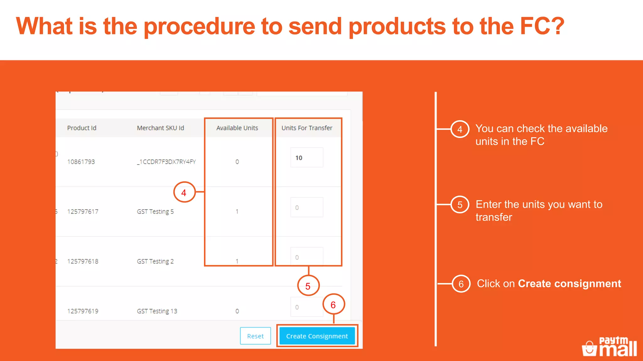 You can check the available
units in the FC
Enter the units you want to
transfer
4
5
4
5 Click on Create consignment6
6
What is the procedure to send products to the FC?
 