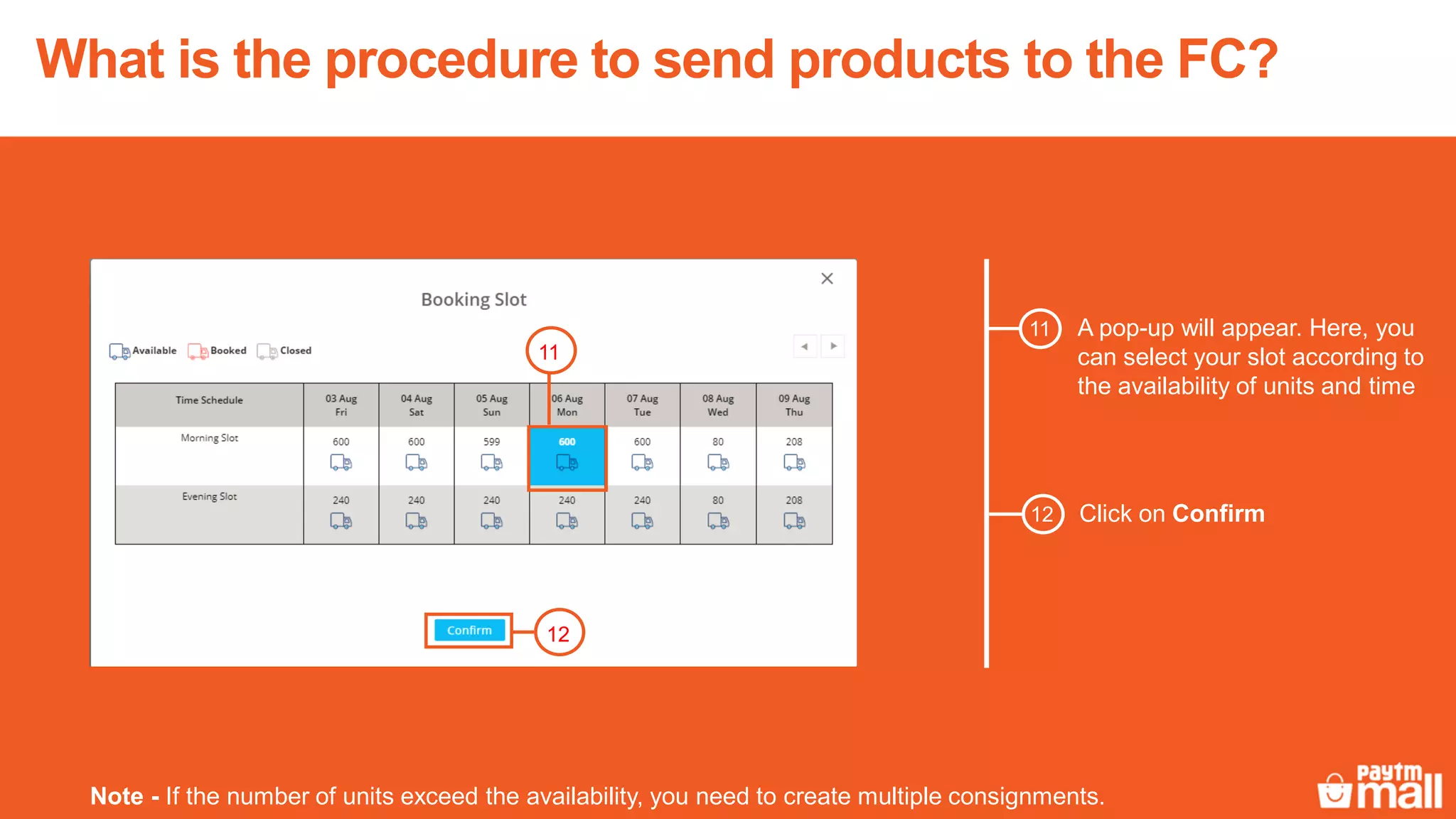 A pop-up will appear. Here, you
can select your slot according to
the availability of units and time
12
11
12 Click on Confirm
Note - If the number of units exceed the availability, you need to create multiple consignments.
11
What is the procedure to send products to the FC?
 