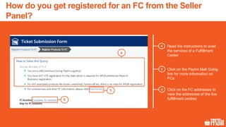 Read the instructions to avail
the services of a Fulfillment
Center
4
4
Click on the FC addresses to
view the addresses of the live
fulfillment centres
65
6
Click on the Paytm Mall Gobig
link for more information on
FCs
5
How do you get registered for an FC from the Seller
Panel?
 