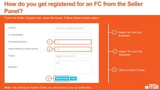 Select ‘No’ from the
dropdown
1
From the Seller Support tab, raise the ticket. Follow these simple steps -
Select ‘No’ from the
dropdown
2
Click on Submit Ticket3
1
2
3
Note – By clicking on Submit Ticket, you will receive a pop-up notification.
How do you get registered for an FC from the Seller
Panel?
 