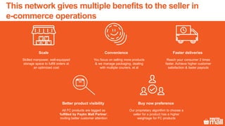 Scale
Skilled manpower, well-equipped
storage space to fulfill orders at
an optimized cost
Convenience Faster deliveries
You focus on selling more products
& we manage packaging, dealing
with multiple couriers, et al
Reach your consumer 2 times
faster. Achieve higher customer
satisfaction & faster payouts
Better product visibility Buy now preference
All FC products are tagged as
‘fulfilled by Paytm Mall Partner’,
inviting better customer attention
Our proprietary algorithm to choose a
seller for a product has a higher
weightage for FC products
This network gives multiple benefits to the seller in
e-commerce operations
 