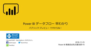 Microsoft MVP - Data Platform / かがたたけし
PowerBIxyz
takeshi.kagata @powerbixyz
Power BI データフロー 早わかり
パブリック プレビュー ですからね！
2018-11-25
Power BI 勉強会＠名古屋支部 #3
 