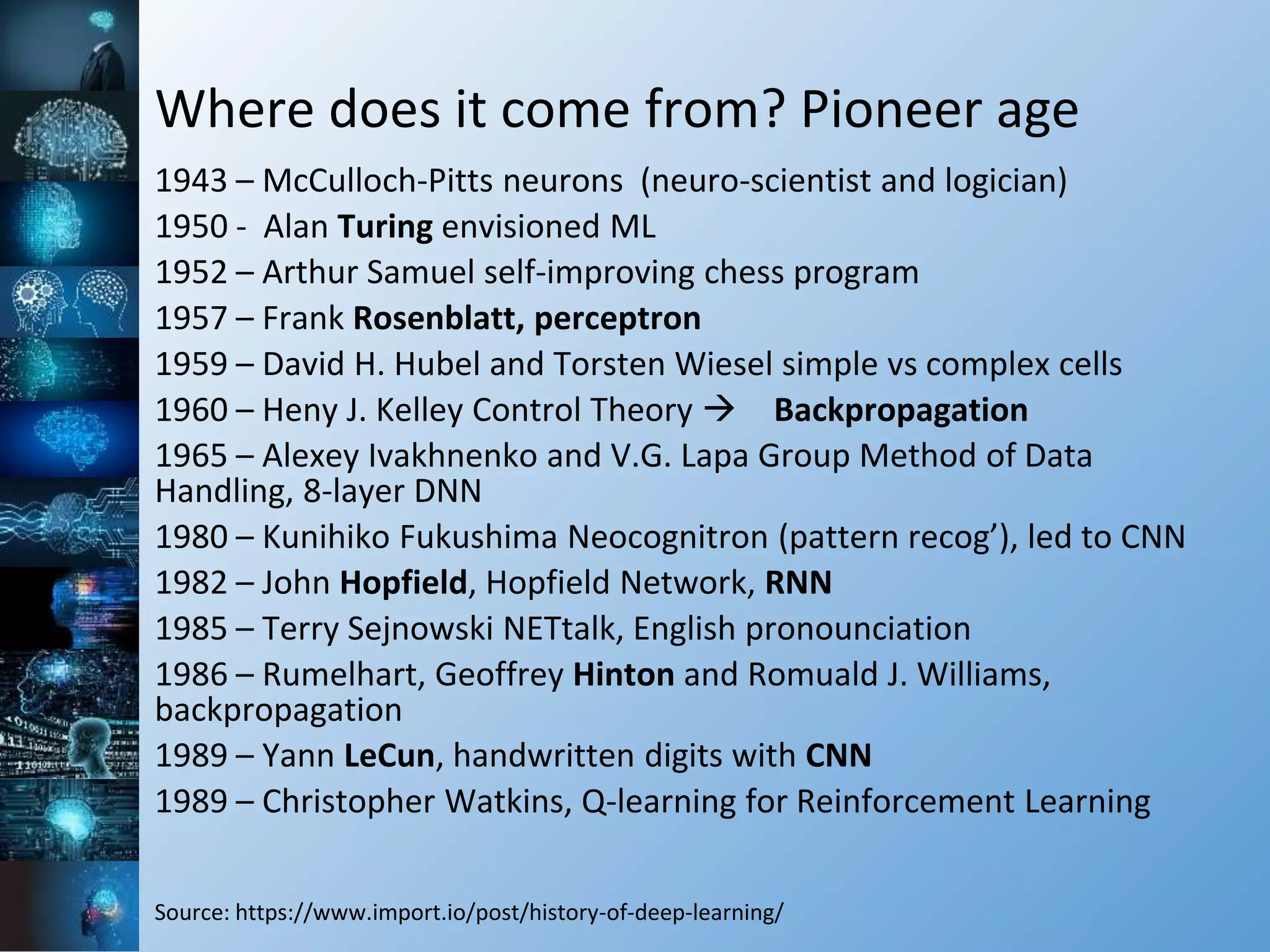 Where does it come from? Pioneer age
1943 – McCulloch-Pitts neurons (neuro-scientist and logician)
1950 - Alan Turing envisioned ML
1952 – Arthur Samuel self-improving chess program
1957 – Frank Rosenblatt, perceptron
1959 – David H. Hubel and Torsten Wiesel simple vs complex cells
1960 – Heny J. Kelley Control Theory  Backpropagation
1965 – Alexey Ivakhnenko and V.G. Lapa Group Method of Data
Handling, 8-layer DNN
1980 – Kunihiko Fukushima Neocognitron (pattern recog’), led to CNN
1982 – John Hopfield, Hopfield Network, RNN
1985 – Terry Sejnowski NETtalk, English pronounciation
1986 – Rumelhart, Geoffrey Hinton and Romuald J. Williams,
backpropagation
1989 – Yann LeCun, handwritten digits with CNN
1989 – Christopher Watkins, Q-learning for Reinforcement Learning
Source: https://www.import.io/post/history-of-deep-learning/
 