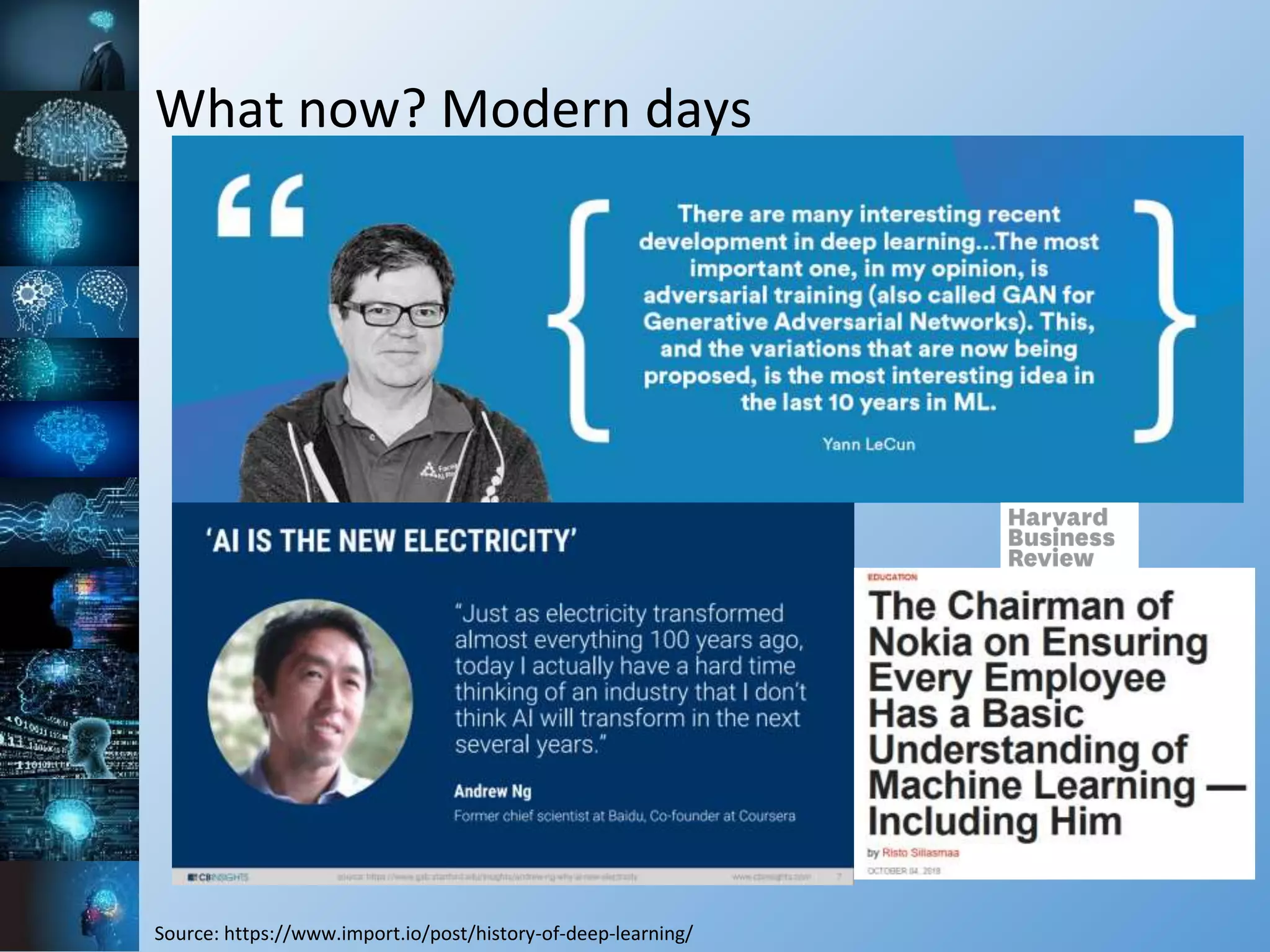 What now? Modern days
Source: https://www.import.io/post/history-of-deep-learning/
 
