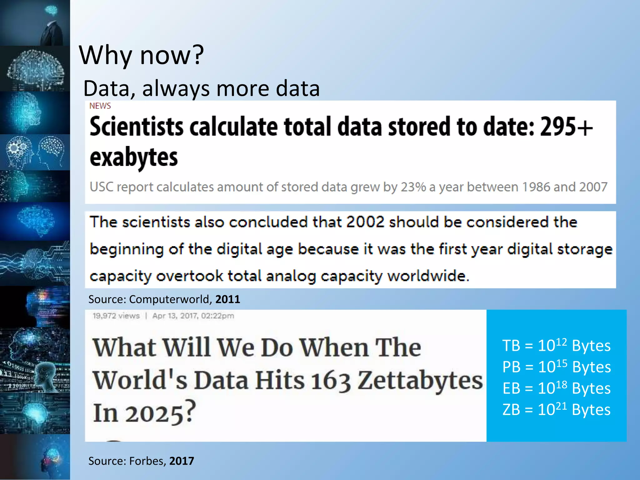 Why now?
Data, always more data
Source: Computerworld, 2011
Source: Forbes, 2017
TB = 1012 Bytes
PB = 1015 Bytes
EB = 1018 Bytes
ZB = 1021 Bytes
 
