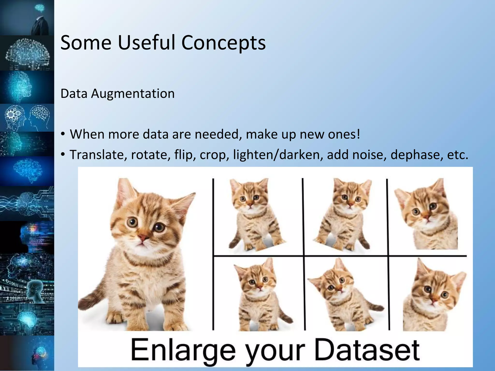 Data Augmentation
• When more data are needed, make up new ones!
• Translate, rotate, flip, crop, lighten/darken, add noise, dephase, etc.
Some Useful Concepts
 