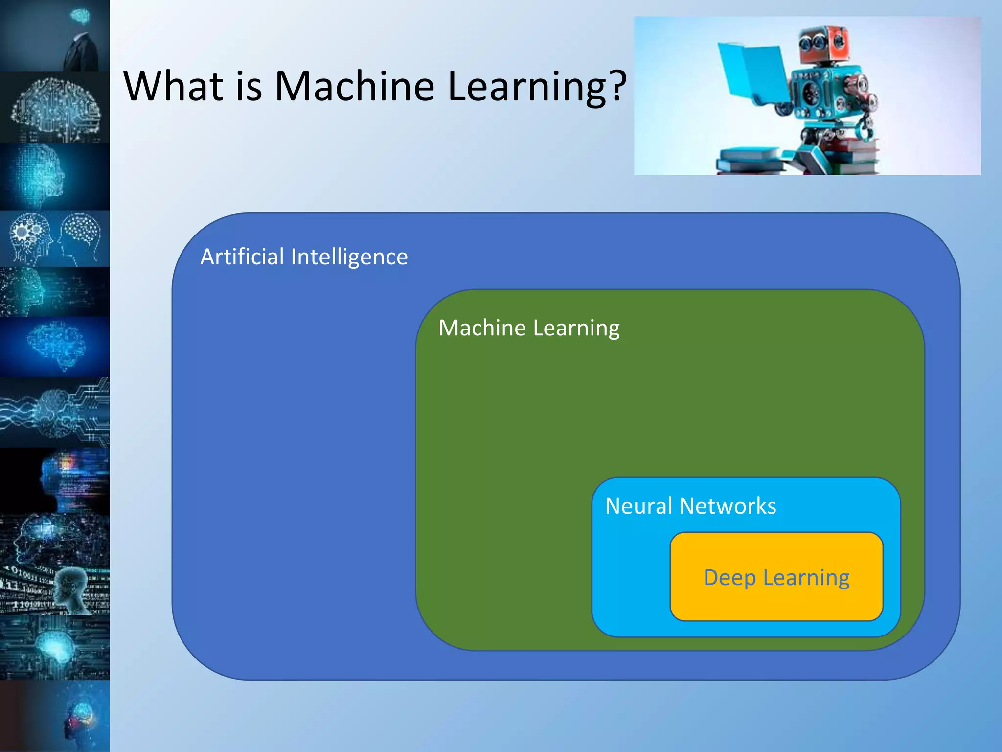 What is Machine Learning?
Artificial Intelligence
Machine Learning
Neural Networks
Deep Learning
 