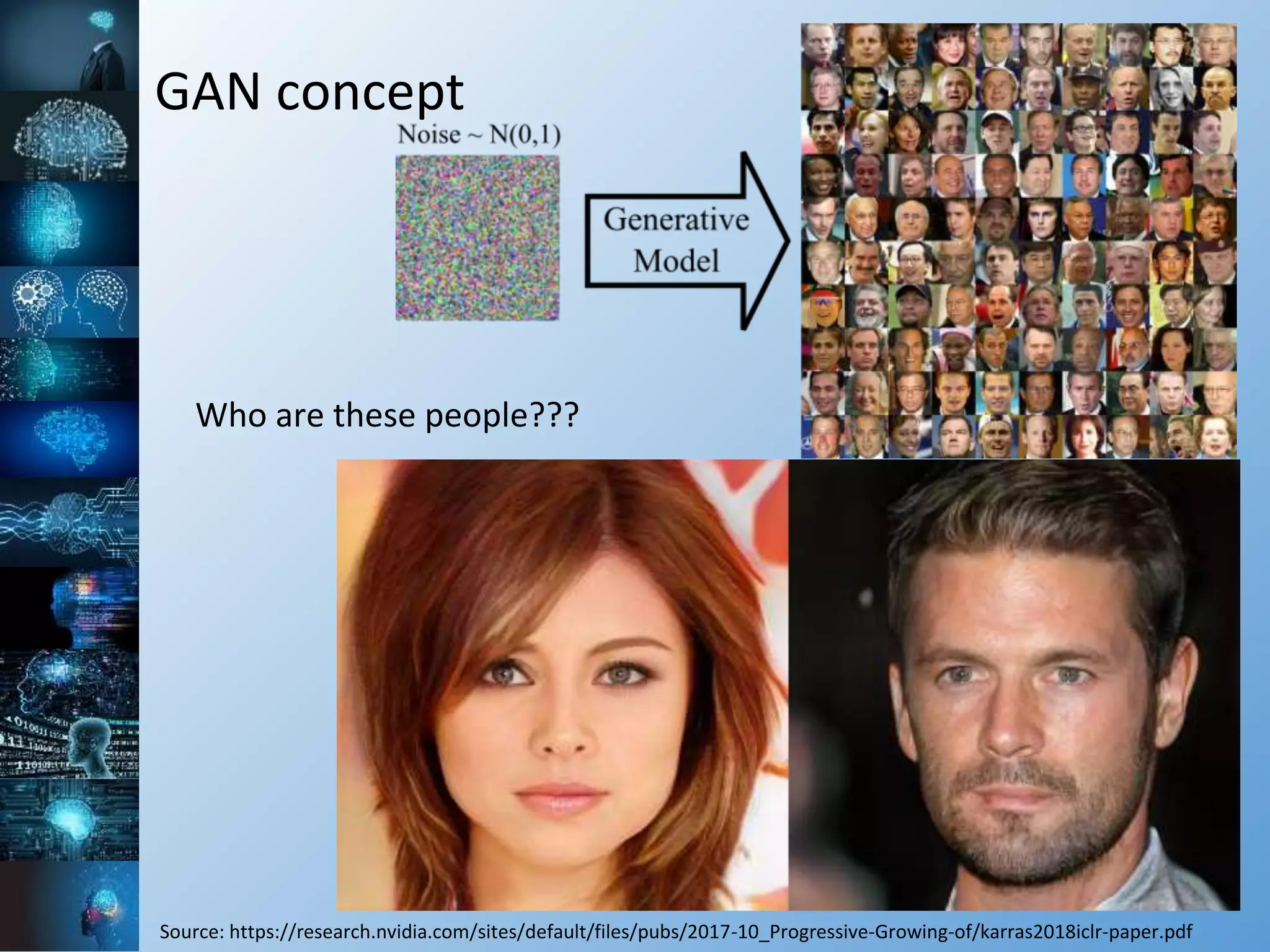 GAN concept
Source: https://research.nvidia.com/sites/default/files/pubs/2017-10_Progressive-Growing-of/karras2018iclr-paper.pdf
Who are these people???
 