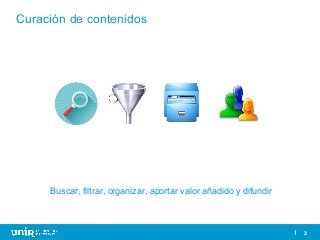 3
Curación de contenidos
3
Buscar, filtrar, organizar, aportar valor añadido y difundir
 