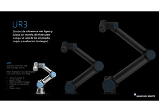 UR3
Automatice tareas hasta: 3 kg
Radio de trabajo: 500 mm
(Mejor desplegado en espacios reducidos
o en la parte superior ...