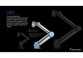 UR5
Un robot colaborativo
extremadamente flexible que puede
trabajar con objetos de hasta 5 kg,
muy cerca de los empleados...