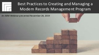 Underwritten by: Presented by:
#AIIMYour Digital Transformation Begins with
Intelligent Information Management
Webinar Title
Presented DATE
Best Practices to Creating and Managing a
Modern Records Management Program
An AIIM Webinar presented November 28, 2019
 