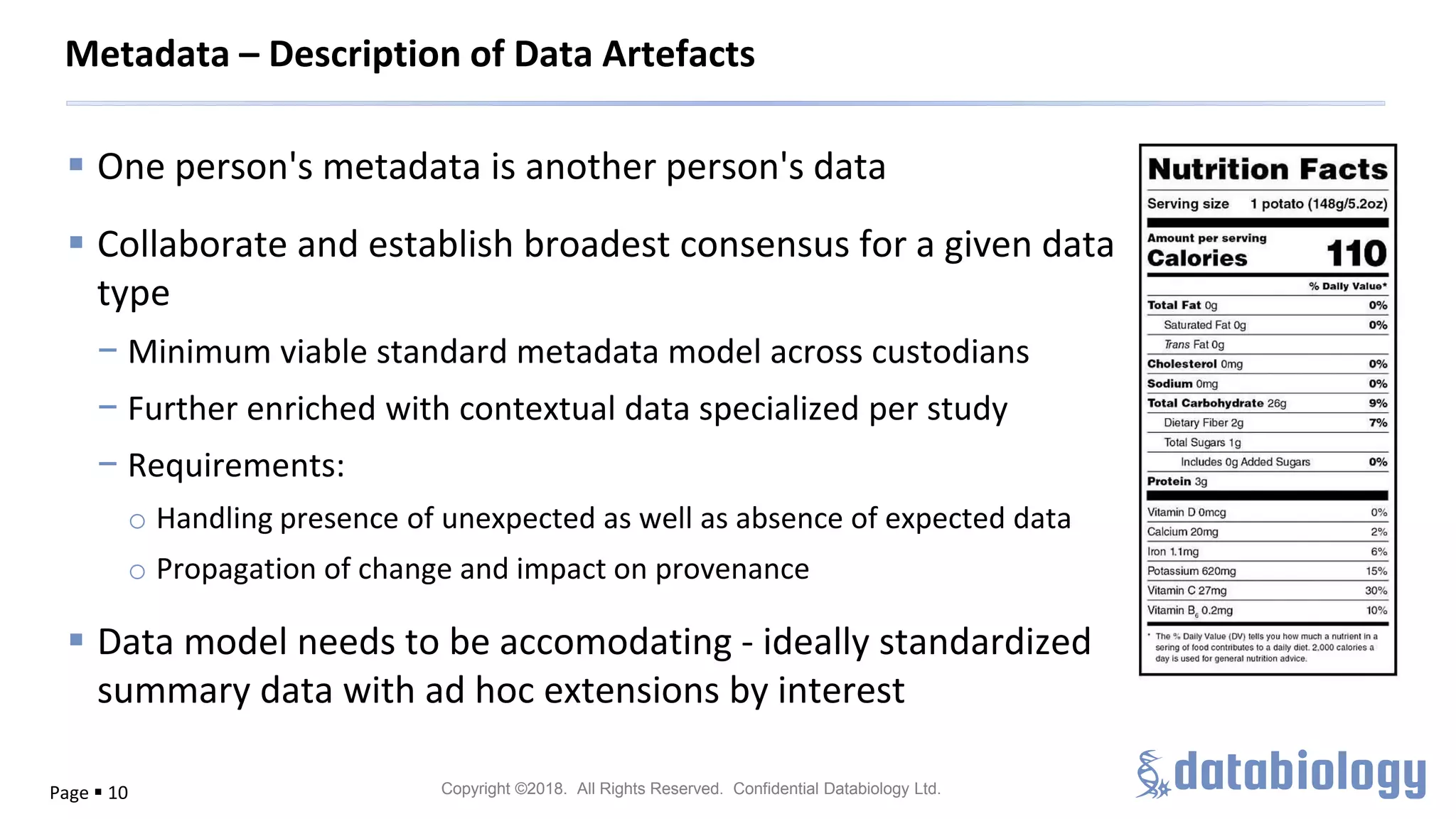 Copyright ©2018. All Rights Reserved. Confidential Databiology Ltd.
▪ One person's metadata is another person's data
▪ Collaborate and establish broadest consensus for a given data
type
− Minimum viable standard metadata model across custodians
− Further enriched with contextual data specialized per study
− Requirements:
o Handling presence of unexpected as well as absence of expected data
o Propagation of change and impact on provenance
▪ Data model needs to be accomodating - ideally standardized
summary data with ad hoc extensions by interest
Page ▪ 10
Metadata – Description of Data Artefacts
 