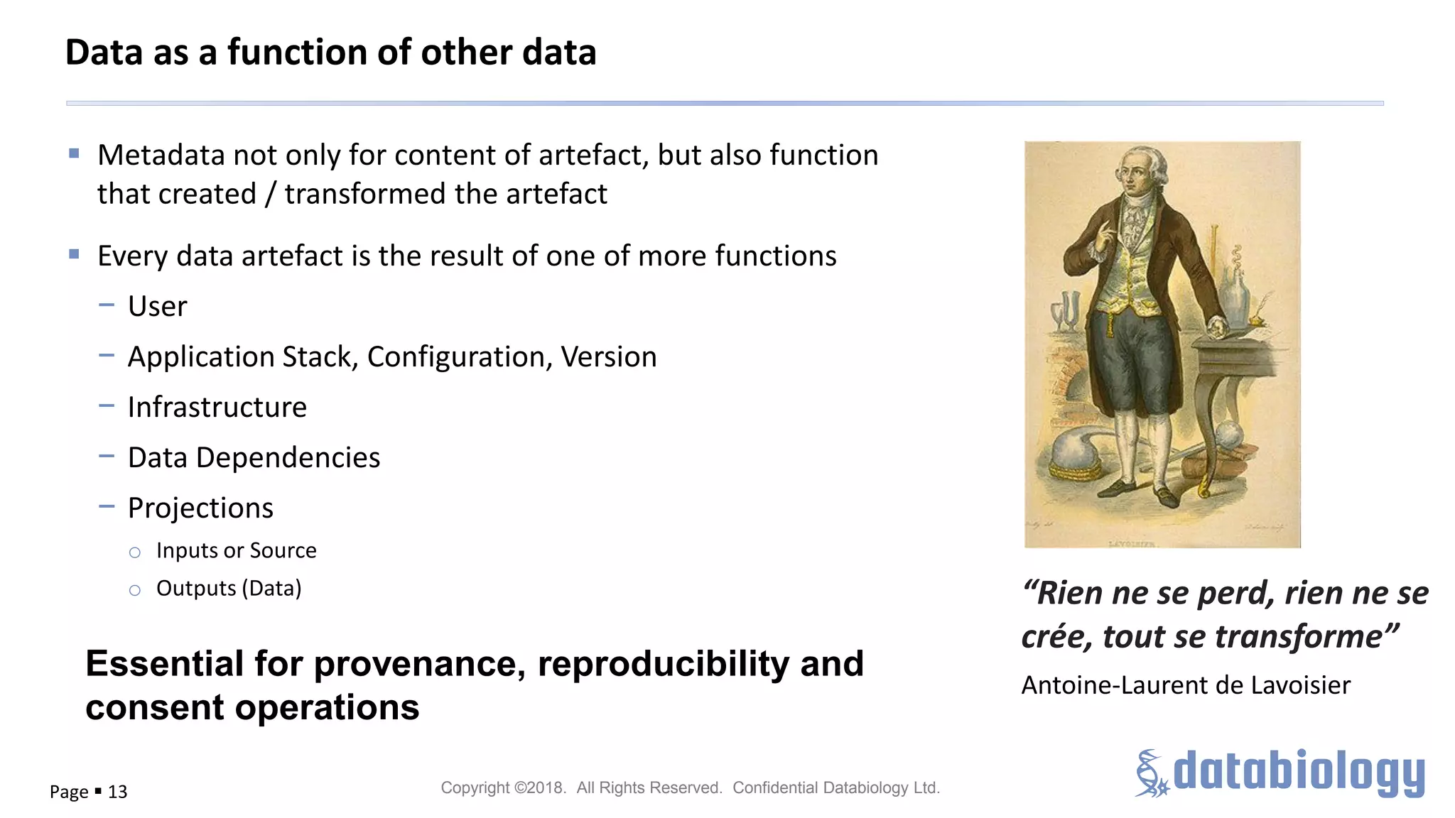 Copyright ©2018. All Rights Reserved. Confidential Databiology Ltd.Page ▪ 13
Data as a function of other data
“Rien ne se perd, rien ne se
crée, tout se transforme”
Antoine-Laurent de Lavoisier
▪ Metadata not only for content of artefact, but also function
that created / transformed the artefact
▪ Every data artefact is the result of one of more functions
− User
− Application Stack, Configuration, Version
− Infrastructure
− Data Dependencies
− Projections
o Inputs or Source
o Outputs (Data)
Essential for provenance, reproducibility and
consent operations
 