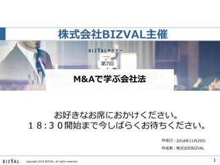 作成者：株式会社BIZVAL
作成日：
copyright 2018 BIZVAL. all rights reserved.
株式会社BIZVAL主催
1
2018年11月29日
お好きなお席におかけください。
１８:３０開始まで今しばらくお...