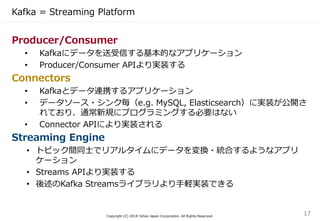 Kafka = Streaming Platform
Copyright (C) 2018 Yahoo Japan Corporation. All Rights Reserved.
17
Producer/Consumer
• Kafkaにデータを送受信する基本的なアプリケーション
• Producer/Consumer APIより実装する
Connectors
• Kafkaとデータ連携するアプリケーション
• データソース・シンク毎（e.g. MySQL, Elasticsearch）に実装が公開さ
れており、通常新規にプログラミングする必要はない
• Connector APIにより実装される
Streaming Engine
• トピック間同士でリアルタイムにデータを変換・統合するようなアプリ
ケーション
• Streams APIより実装する
• 後述のKafka Streamsライブラリより手軽実装できる
 