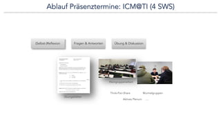 Ablauf Präsenztermine: ICM@TI (4 SWS)
Übungsblätter
MurmelgruppenThink-Pair-Share
Aktives Plenum ....
Kleingruppenarbeit
(Selbst-)Reflexion Fragen & Antworten Übung & Diskussion
 