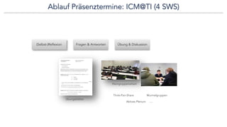 Ablauf Präsenztermine: ICM@TI (4 SWS)
Übungsblätter
MurmelgruppenThink-Pair-Share
Aktives Plenum ....
Kleingruppenarbeit
(...