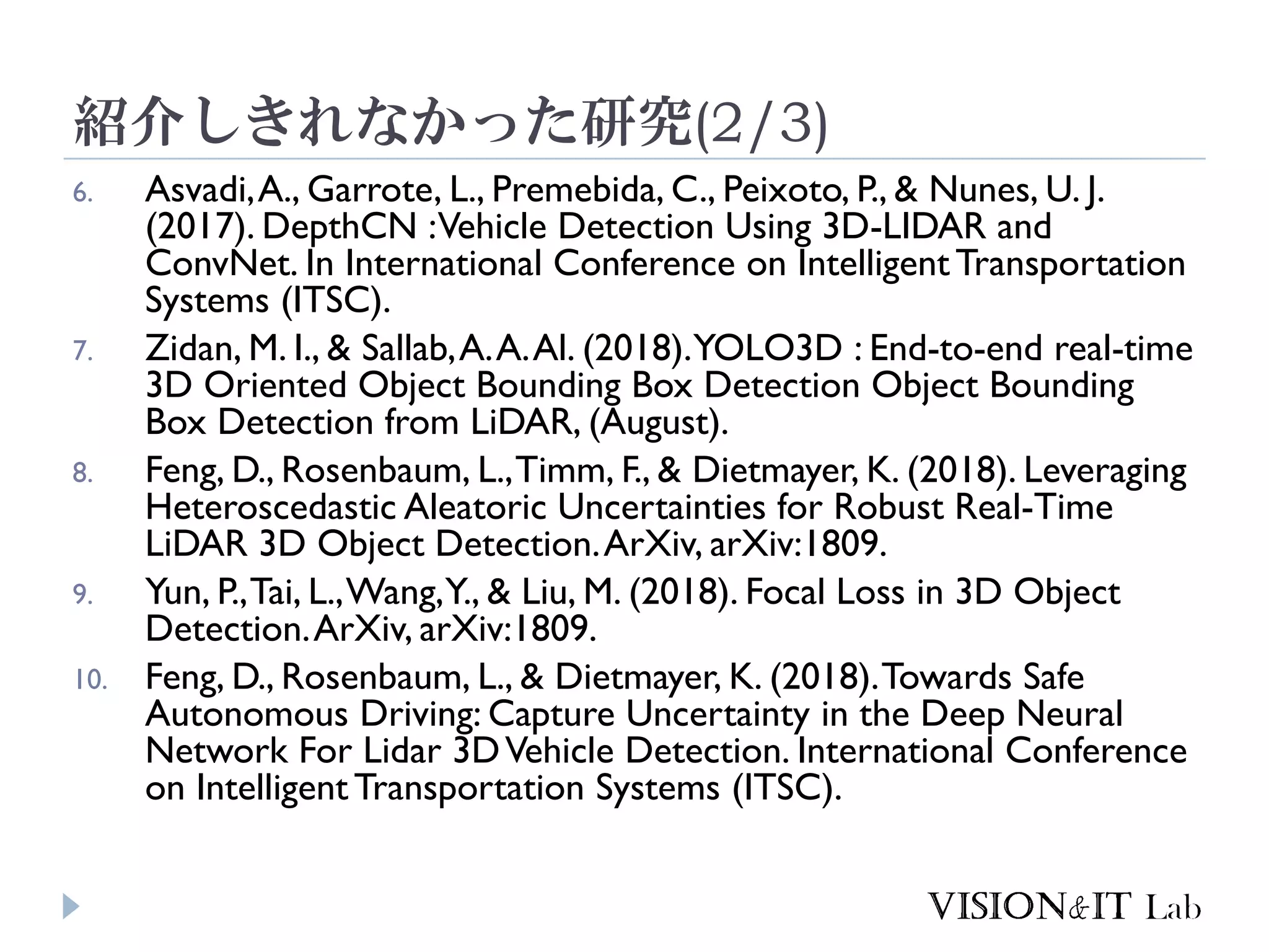 紹介しきれなかった研究(2/3)
6. Asvadi,A., Garrote, L., Premebida, C., Peixoto, P., & Nunes, U. J.
(2017). DepthCN :Vehicle Detection Using 3D-LIDAR and
ConvNet. In International Conference on IntelligentTransportation
Systems (ITSC).
7. Zidan, M. I., & Sallab,A.A.Al. (2018).YOLO3D : End-to-end real-time
3D Oriented Object Bounding Box Detection Object Bounding
Box Detection from LiDAR, (August).
8. Feng, D., Rosenbaum, L.,Timm, F., & Dietmayer, K. (2018). Leveraging
Heteroscedastic Aleatoric Uncertainties for Robust Real-Time
LiDAR 3D Object Detection.ArXiv, arXiv:1809.
9. Yun, P.,Tai, L.,Wang,Y., & Liu, M. (2018). Focal Loss in 3D Object
Detection.ArXiv, arXiv:1809.
10. Feng, D., Rosenbaum, L., & Dietmayer, K. (2018).Towards Safe
Autonomous Driving: Capture Uncertainty in the Deep Neural
Network For Lidar 3DVehicle Detection. International Conference
on IntelligentTransportation Systems (ITSC).
 