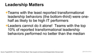 @RealGeneKim
Leadership Matters
Teams with the least reported transformational
leadership behaviors (the bottom-third) we...