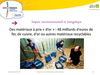 19Impact environnemental du Numérique6 novembre 2018
Des matériaux à prix « d’or » : 48 milliards d'euros de
fer, de cuivre, d'or ou autres matériaux recyclables
Impact environnemental et énergétique
 