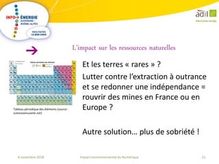 21Impact environnemental du Numérique6 novembre 2018
Et les terres « rares » ?
Lutter contre l’extraction à outrance
et se redonner une indépendance =
rouvrir des mines en France ou en
Europe ?
Autre solution… plus de sobriété !
L’impact sur les ressources naturelles
Tableau périodique des éléments (source :
scienceamusante.net)
 
