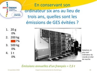 30Impact environnemental du Numérique6 novembre 2018
En conservant son
ordinateur six ans au lieu de
trois ans, quelles sont les
émissions de GES évitées ?
Dekatron, le
plus vieil
ordinateur du
monde en état
de marche
Émissions annuelles d’un français = 7,5 t
1. 20 g
2. 200 kg
3. 500 kg
4. 1 t
 