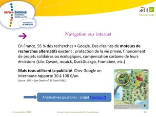 50Impact environnemental du Numérique6 novembre 2018
En France, 95 % des recherches = Google. Des dizaines de moteurs de
recherches alternatifs existent : protection de la vie privée, financement
de projets solidaires ou écologiques, compensation carbone de leurs
émissions (Lilo, Qwant, ixquick, DuckDuckgo, Framabee, etc.)
Navigation sur internet
Alternatives possibles : projet Framasoft
Mais tous utilisent la publicité. Chez Google un
internaute rapporte 30 à 100 €/an.
Source : UFC – Que Choisir n° 557 (avril 2017)
 