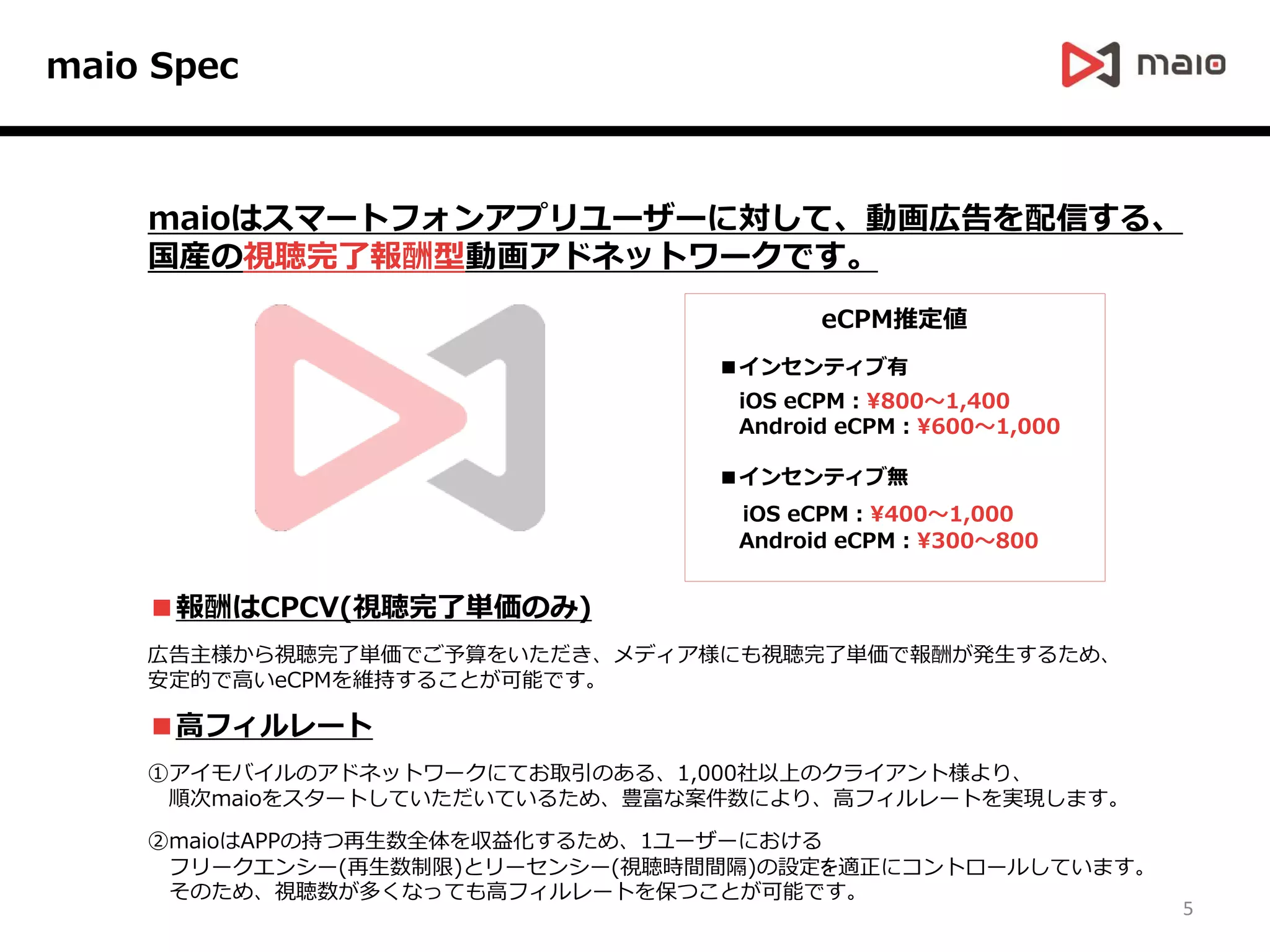 maio Spec
■インセンティブ有
iOS eCPM：800～1,400
Android eCPM：600～1,000
■インセンティブ無
iOS eCPM：400～1,000
Android eCPM：300～800
■報酬はCPCV(視聴完了単価のみ)
広告主様から視聴完了単価でご予算をいただき、メディア様にも視聴完了単価で報酬が発生するため、
安定的で高いeCPMを維持することが可能です。
■高フィルレート
①アイモバイルのアドネットワークにてお取引のある、1,000社以上のクライアント様より、
順次maioをスタートしていただいているため、豊富な案件数により、高フィルレートを実現します。
②maioはAPPの持つ再生数全体を収益化するため、1ユーザーにおける
フリークエンシー(再生数制限)とリーセンシー(視聴時間間隔)の設定を適正にコントロールしています。
そのため、視聴数が多くなっても高フィルレートを保つことが可能です。
maioはスマートフォンアプリユーザーに対して、動画広告を配信する、
国産の視聴完了報酬型動画アドネットワークです。
eCPM推定値
5
 