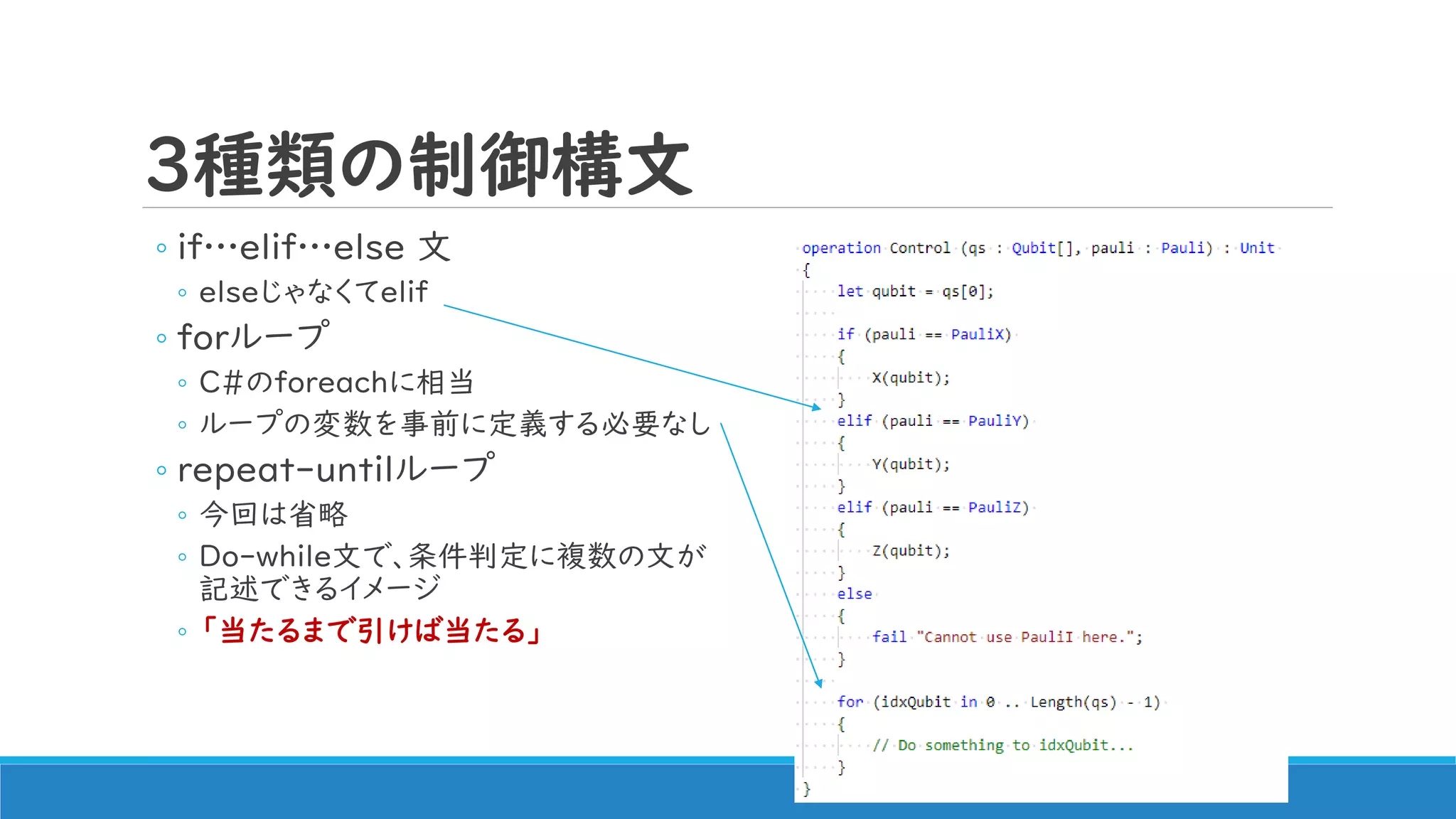 3種類の制御構文
◦ if…elif…else 文
◦ elseじゃなくてelif
◦ forループ
◦ C#のforeachに相当
◦ ループの変数を事前に定義する必要なし
◦ repeat-untilループ
◦ 今回は省略
◦ Do-while文で、条件判定に複数の文が
記述できるイメージ
◦ 「当たるまで引けば当たる」
 