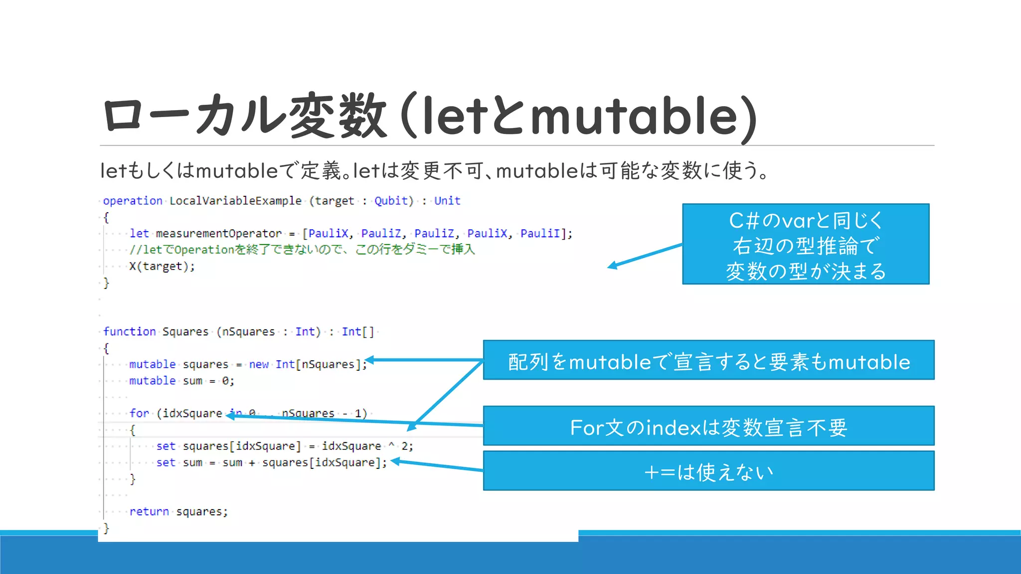 ローカル変数（letとmutable)
letもしくはmutableで定義。letは変更不可、mutableは可能な変数に使う。
C#のvarと同じく
右辺の型推論で
変数の型が決まる
配列をmutableで宣言すると要素もmutable
For文のindexは変数宣言不要
+=は使えない
 