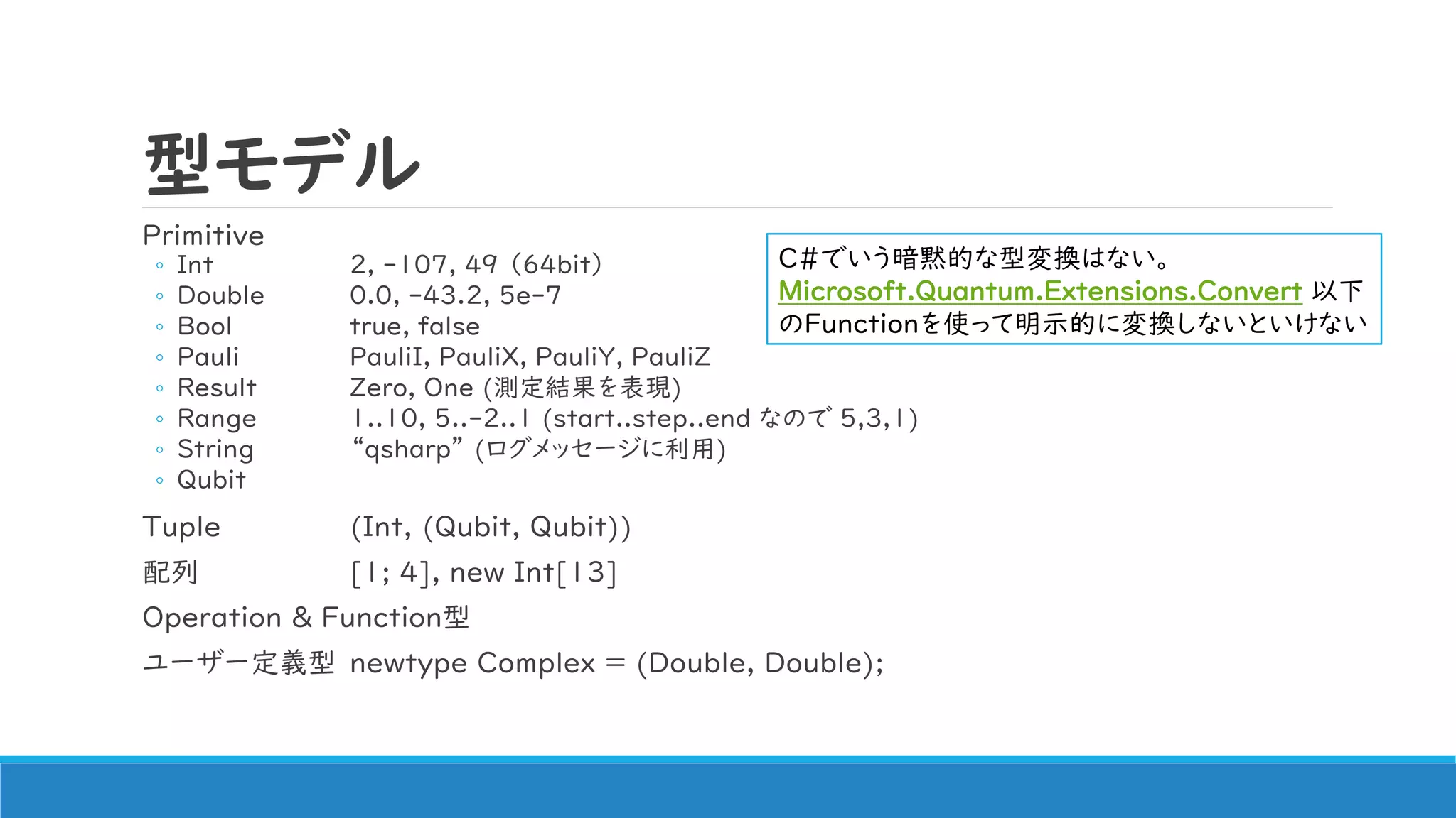 型モデル
Primitive
◦ Int 2, -107, 49 （64bit）
◦ Double 0.0, -43.2, 5e-7
◦ Bool true, false
◦ Pauli PauliI, PauliX, PauliY, PauliZ
◦ Result Zero, One (測定結果を表現)
◦ Range 1..10, 5..-2..1 (start..step..end なので 5,3,1)
◦ String “qsharp” (ログメッセージに利用)
◦ Qubit
Tuple (Int, (Qubit, Qubit))
配列 [1; 4], new Int[13]
Operation & Function型
ユーザー定義型 newtype Complex = (Double, Double);
C#でいう暗黙的な型変換はない。
Microsoft.Quantum.Extensions.Convert 以下
のFunctionを使って明示的に変換しないといけない
 