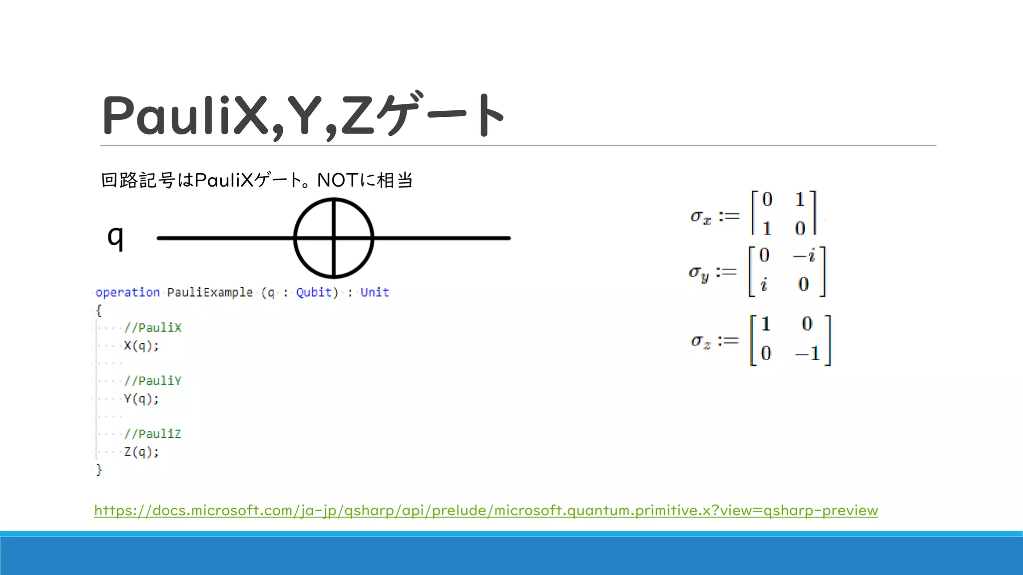 PauliX,Y,Zゲート
q
回路記号はPauliXゲート。 NOTに相当
https://docs.microsoft.com/ja-jp/qsharp/api/prelude/microsoft.quantum.primitive.x?view=qsharp-preview
 
